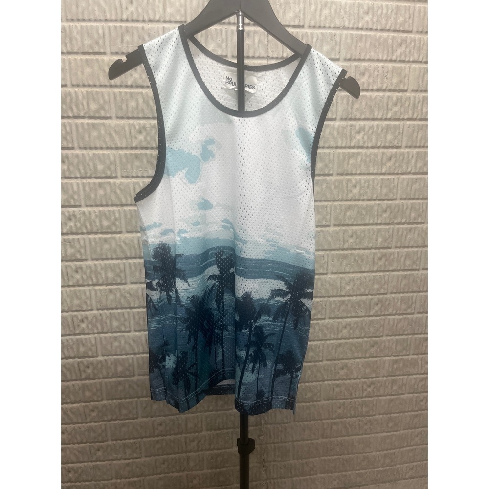 No Boundaries Mens XS Mesh Tank‎ Top Blue White Tropical Palm Tree Graphic NWT